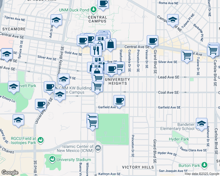 map of restaurants, bars, coffee shops, grocery stores, and more near 317 Cornell Drive Southeast in Albuquerque