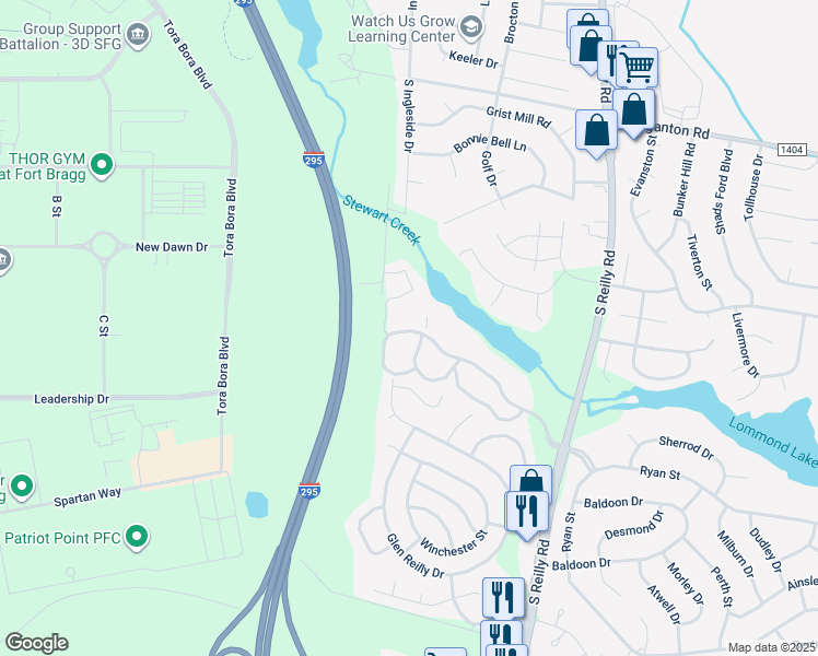 map of restaurants, bars, coffee shops, grocery stores, and more near 6804 Willowbrook Drive in Fayetteville