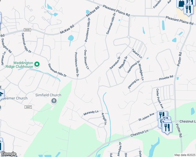 map of restaurants, bars, coffee shops, grocery stores, and more near 1008 Aringill Lane in Matthews