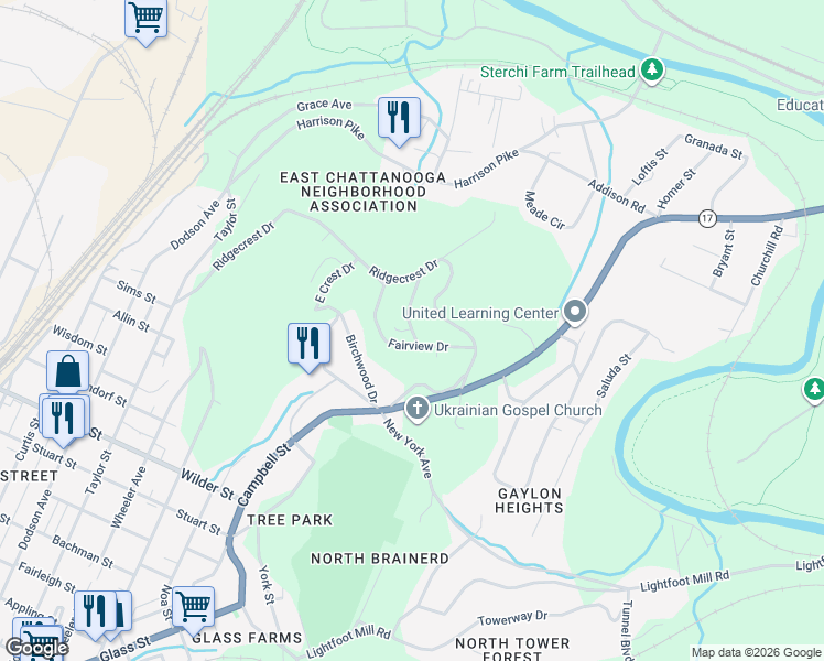 map of restaurants, bars, coffee shops, grocery stores, and more near 2803 Fairview Drive in Chattanooga