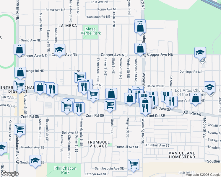map of restaurants, bars, coffee shops, grocery stores, and more near 137 Utah Street Northeast in Albuquerque