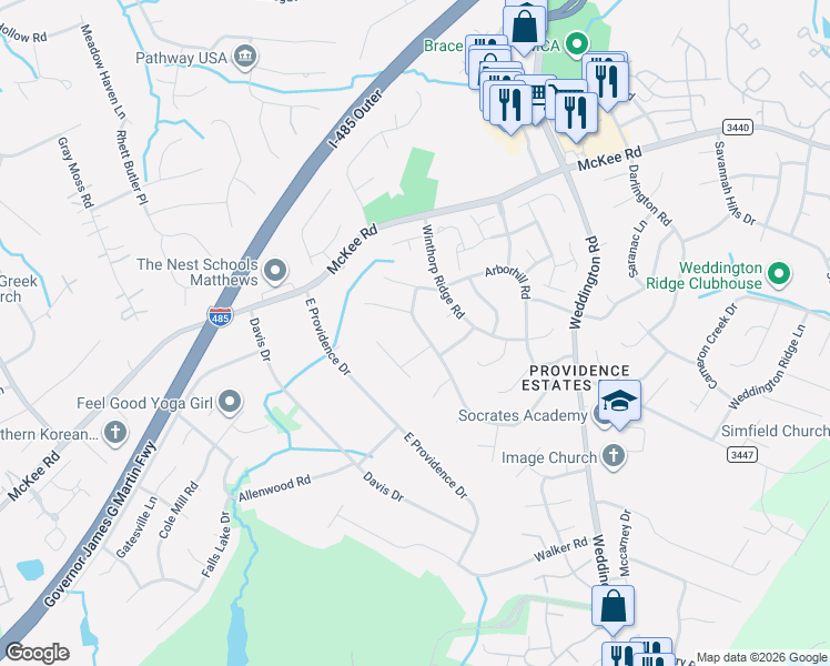 map of restaurants, bars, coffee shops, grocery stores, and more near 3538 Manor House Drive in Charlotte