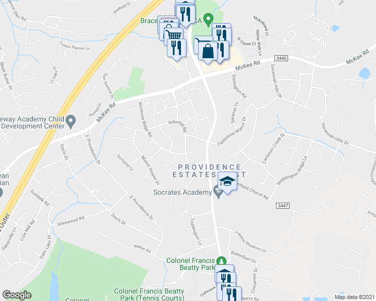map of restaurants, bars, coffee shops, grocery stores, and more near 3533 Arborhill Road in Charlotte