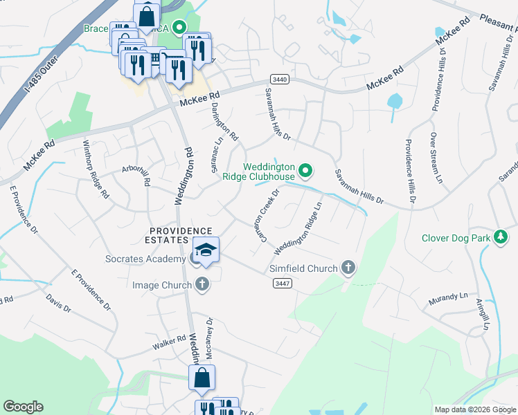 map of restaurants, bars, coffee shops, grocery stores, and more near 3930 Cameron Creek Drive in Matthews