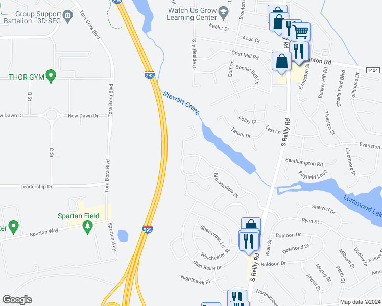 map of restaurants, bars, coffee shops, grocery stores, and more near 6800 Willowbrook Drive in Fayetteville