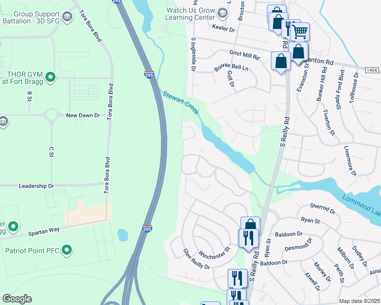 map of restaurants, bars, coffee shops, grocery stores, and more near 6804 Willowbrook Drive in Fayetteville