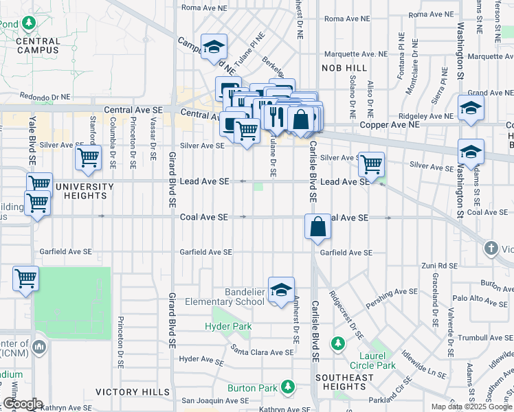 map of restaurants, bars, coffee shops, grocery stores, and more near 318 Wellesley Drive Southeast in Albuquerque