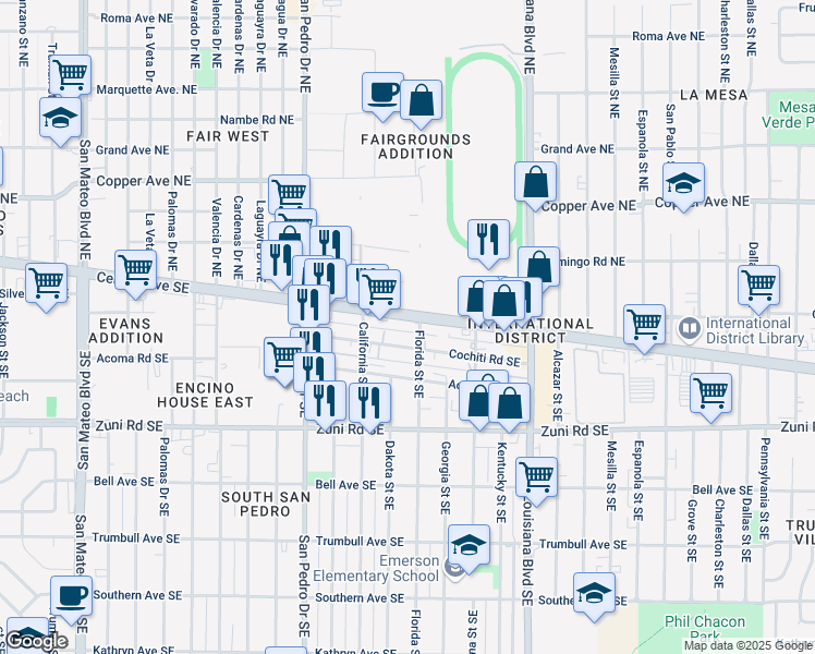 map of restaurants, bars, coffee shops, grocery stores, and more near 6610 Central Avenue Southeast in Albuquerque