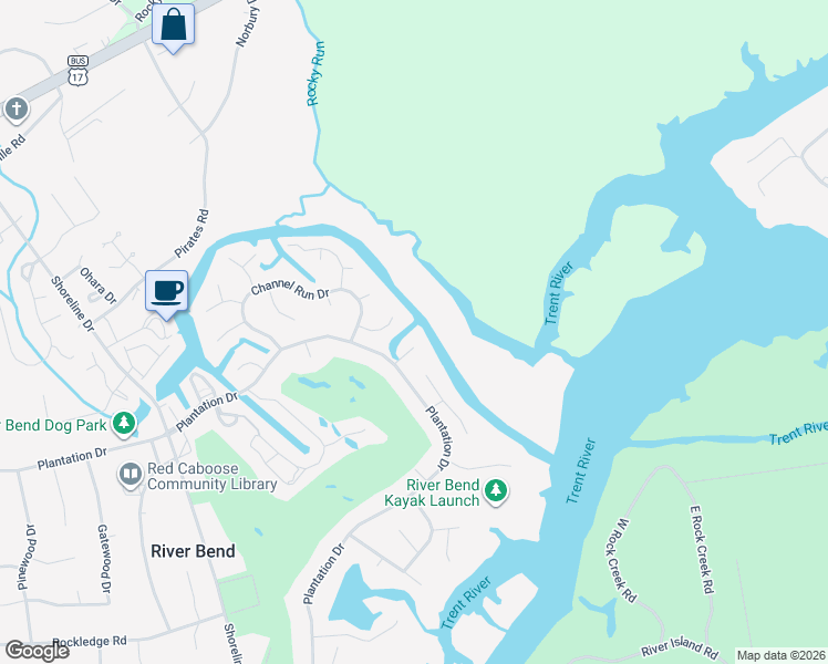 map of restaurants, bars, coffee shops, grocery stores, and more near 110 Mariners Court in New Bern