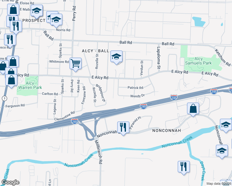 map of restaurants, bars, coffee shops, grocery stores, and more near 2533 Judson Street in Memphis