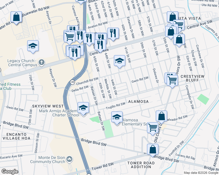 map of restaurants, bars, coffee shops, grocery stores, and more near 400 Merlida Street Southwest in Albuquerque