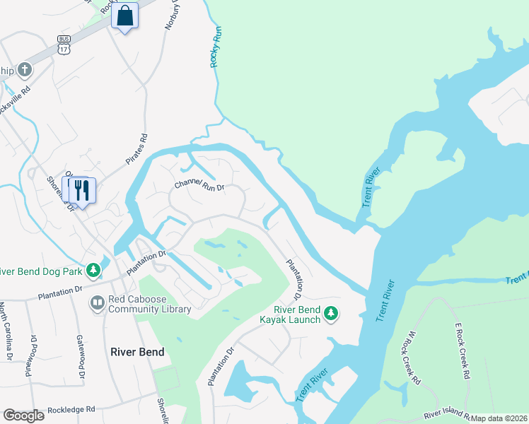 map of restaurants, bars, coffee shops, grocery stores, and more near 110 Mariners Court in New Bern