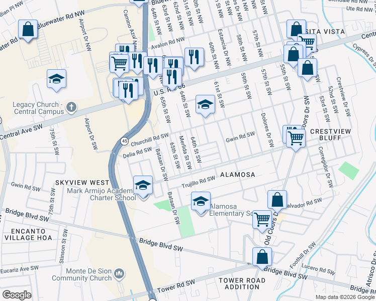 map of restaurants, bars, coffee shops, grocery stores, and more near 400 Merlida Street Southwest in Albuquerque