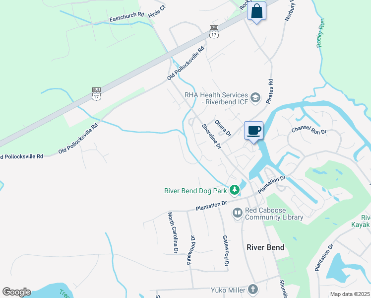 map of restaurants, bars, coffee shops, grocery stores, and more near 317 Lakemere Drive in New Bern
