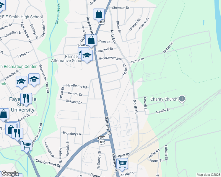 map of restaurants, bars, coffee shops, grocery stores, and more near 121 Mullins Avenue in Fayetteville