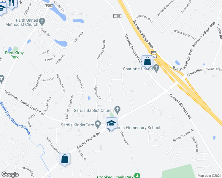 map of restaurants, bars, coffee shops, grocery stores, and more near 3610 Edgeview Drive in Indian Trail