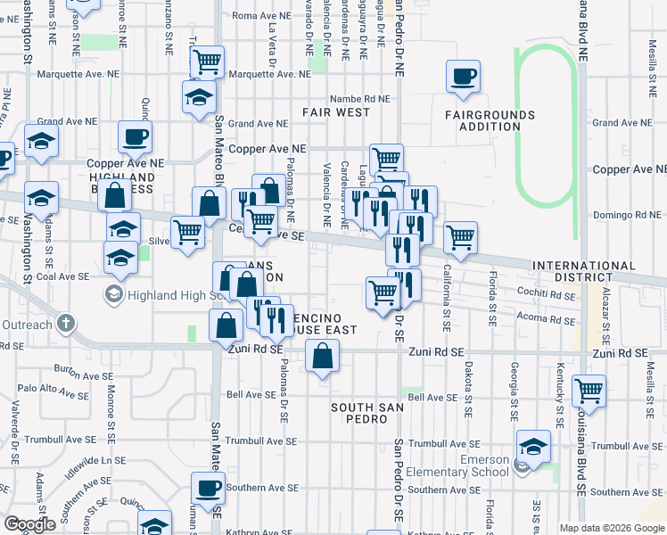 map of restaurants, bars, coffee shops, grocery stores, and more near 200 Valencia Drive Southeast in Albuquerque