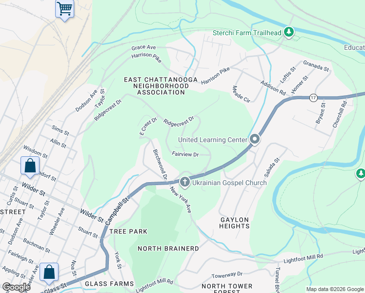 map of restaurants, bars, coffee shops, grocery stores, and more near 2803 Fairview Drive in Chattanooga