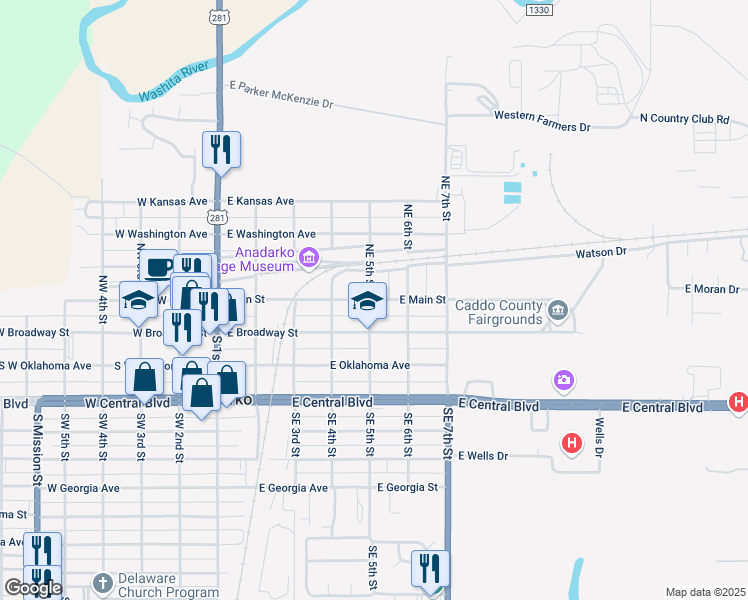 map of restaurants, bars, coffee shops, grocery stores, and more near 107 Northeast 5th Street in Anadarko