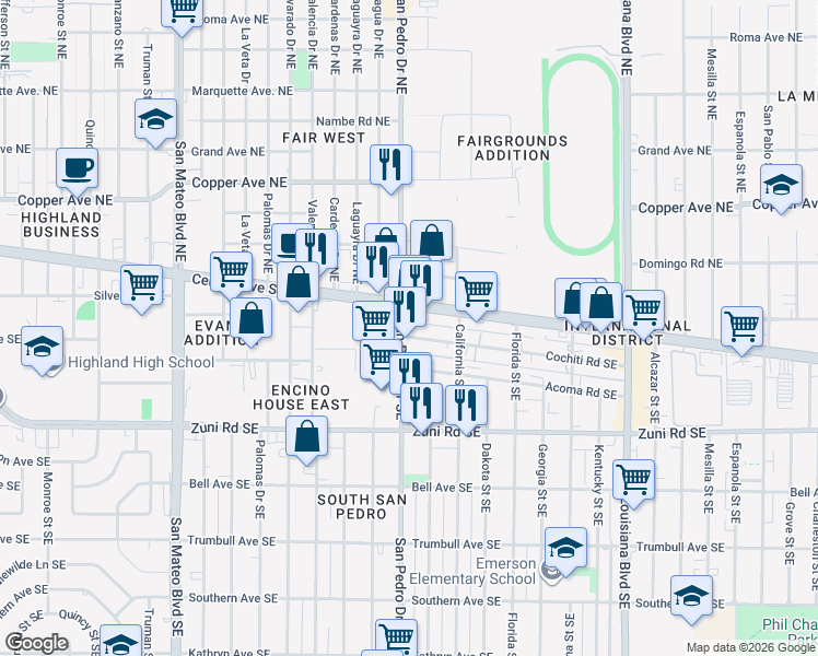 map of restaurants, bars, coffee shops, grocery stores, and more near 6327 Cochiti Road Southeast in Albuquerque