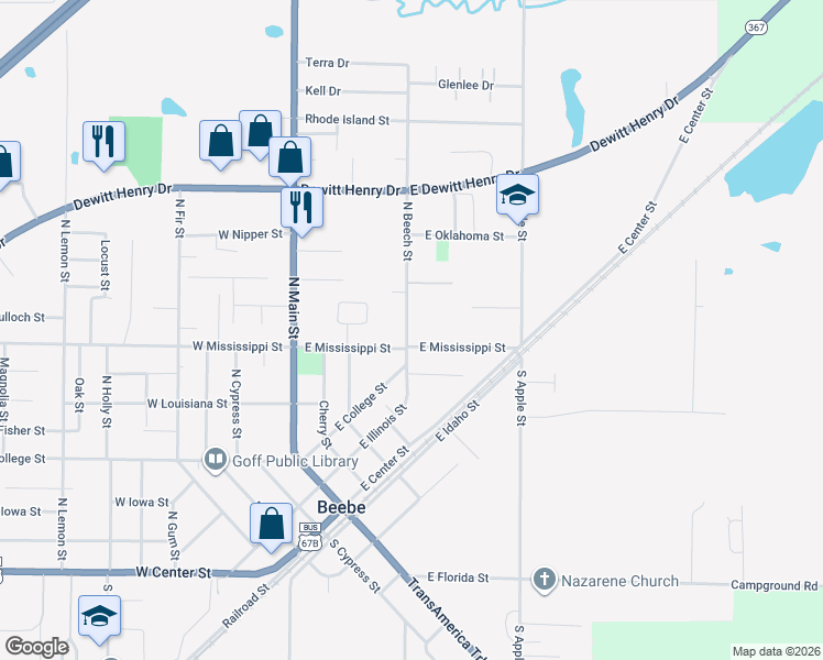 map of restaurants, bars, coffee shops, grocery stores, and more near 606 North Beech Street in Beebe