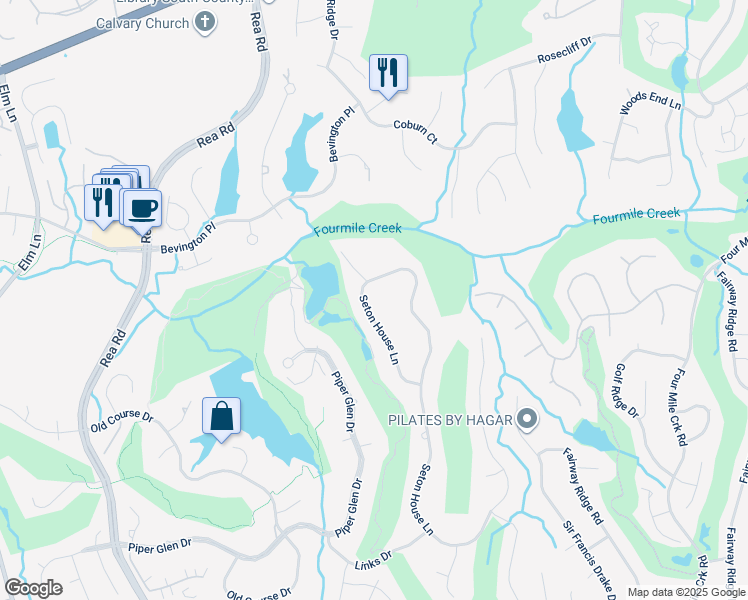 map of restaurants, bars, coffee shops, grocery stores, and more near 6408 Seton House Lane in Charlotte
