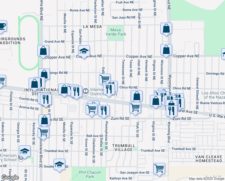 map of restaurants, bars, coffee shops, grocery stores, and more near 129 Rhode Island Street Southeast in Albuquerque