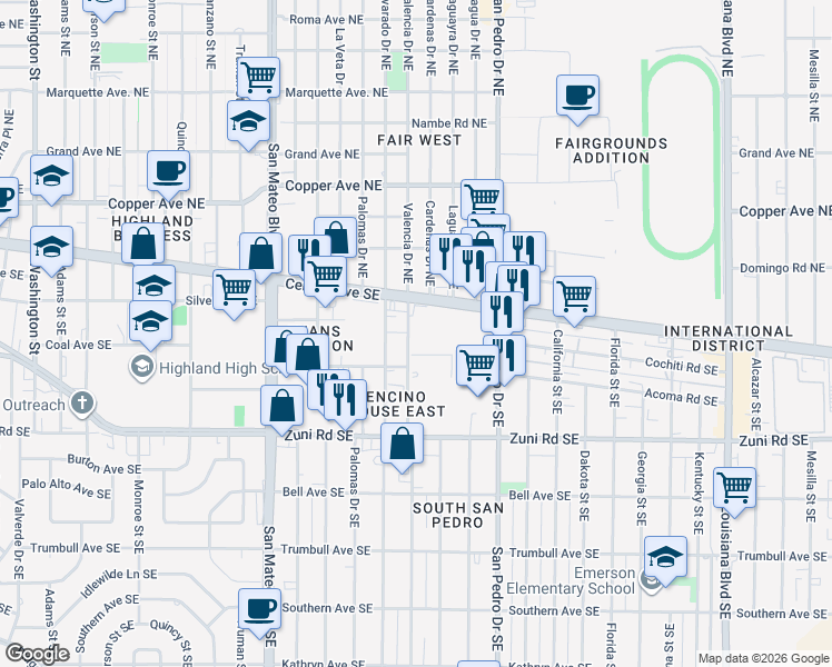 map of restaurants, bars, coffee shops, grocery stores, and more near 124 Alvarado Drive Southeast in Albuquerque