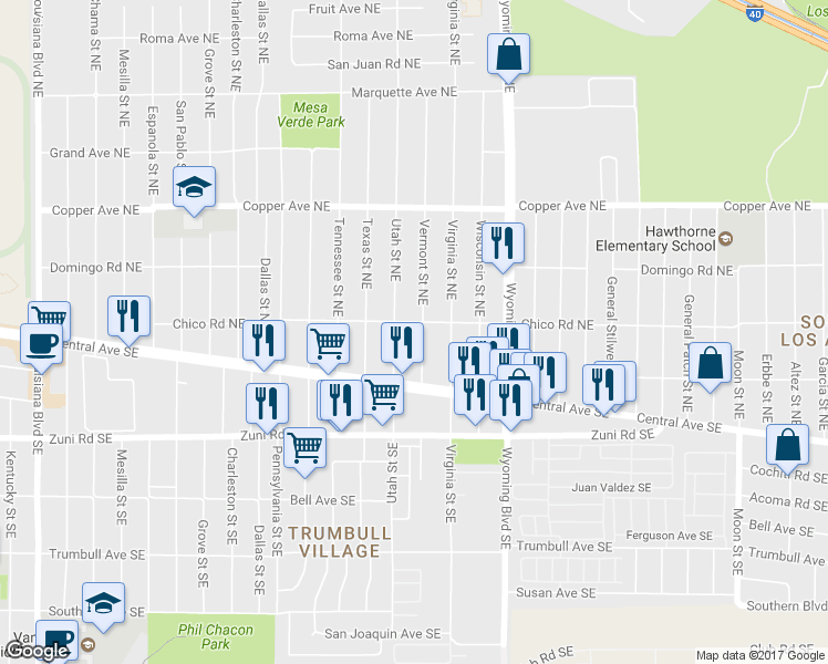 map of restaurants, bars, coffee shops, grocery stores, and more near 141 Vermont St NE in Albuquerque