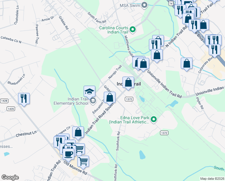 map of restaurants, bars, coffee shops, grocery stores, and more near 204 Gribble Road in Indian Trail
