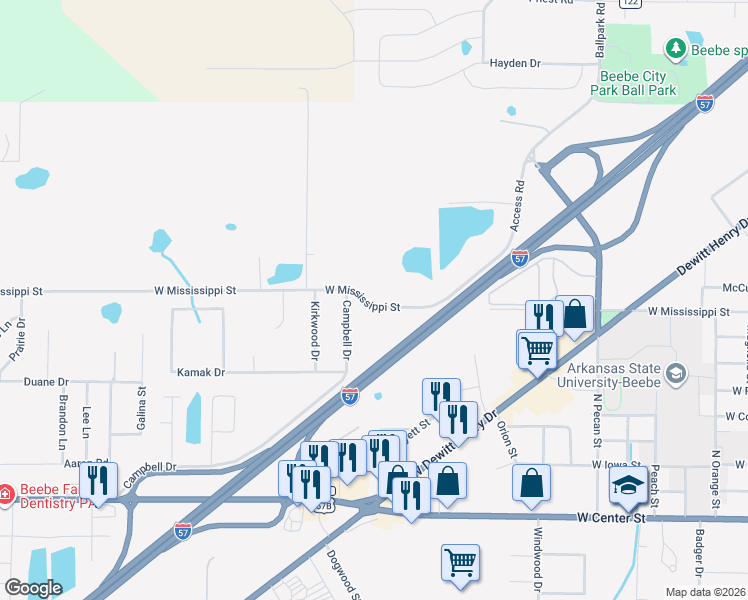 map of restaurants, bars, coffee shops, grocery stores, and more near 1310 West Mississippi Street in Beebe