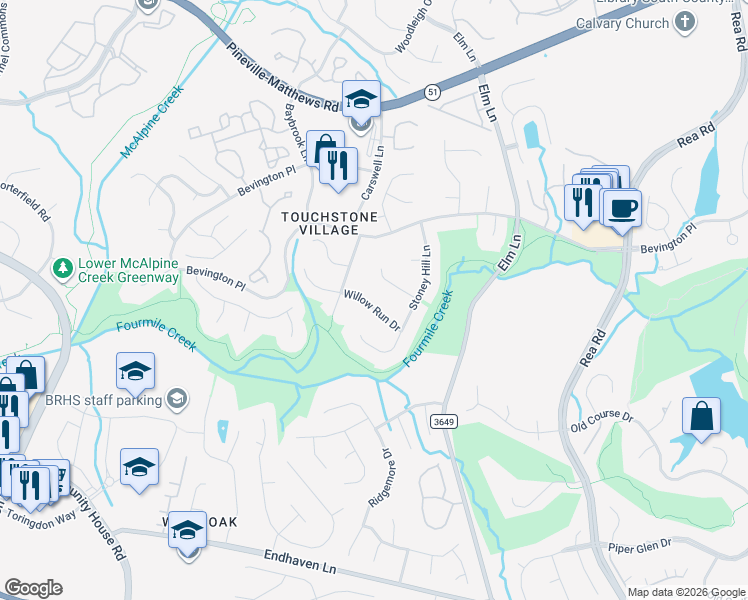 map of restaurants, bars, coffee shops, grocery stores, and more near 6332 Willow Run Drive in Charlotte
