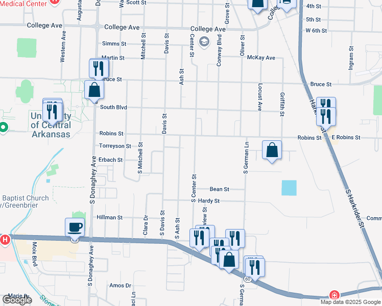 map of restaurants, bars, coffee shops, grocery stores, and more near 170 South Ash Street in Conway