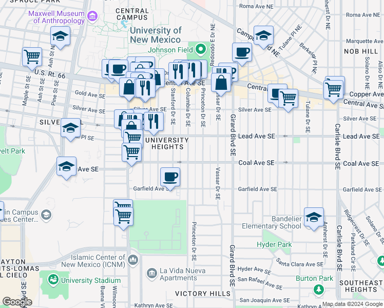 map of restaurants, bars, coffee shops, grocery stores, and more near 318 Columbia Drive Southeast in Albuquerque