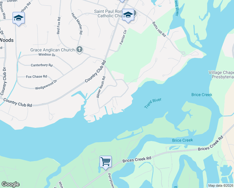 map of restaurants, bars, coffee shops, grocery stores, and more near 126 Trent Shores Dr in Trent Woods
