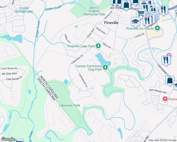 map of restaurants, bars, coffee shops, grocery stores, and more near 212 Mallard Drive in Pineville