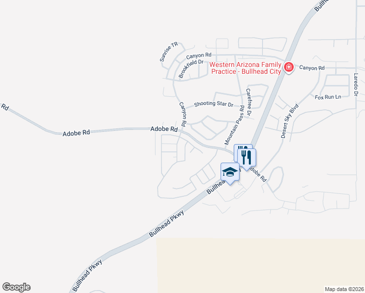 map of restaurants, bars, coffee shops, grocery stores, and more near 2350 Adobe Road in Bullhead City