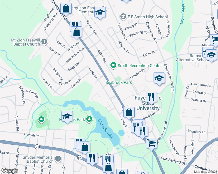 map of restaurants, bars, coffee shops, grocery stores, and more near 609 Lakeland Street in Fayetteville