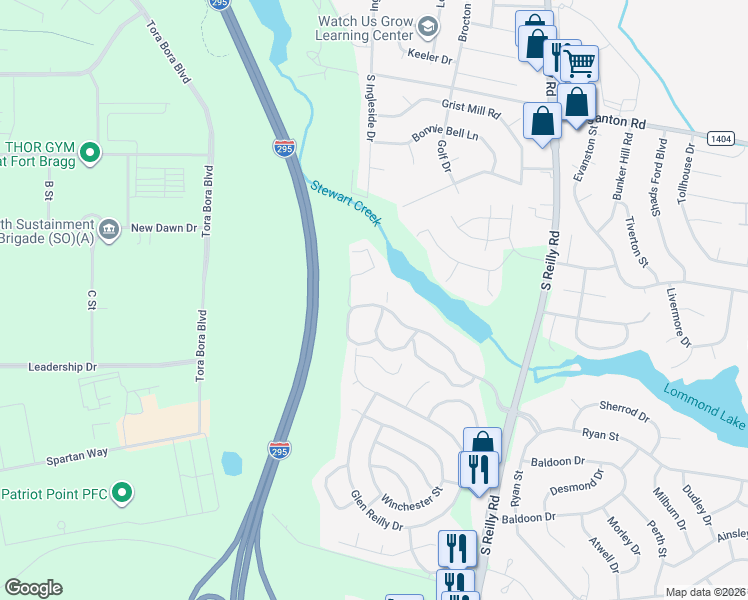 map of restaurants, bars, coffee shops, grocery stores, and more near 6804 Willowbrook Drive in Fayetteville