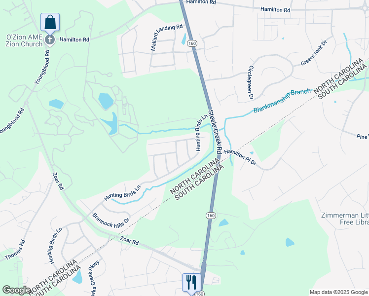 map of restaurants, bars, coffee shops, grocery stores, and more near 16414 Austringer Place in Charlotte