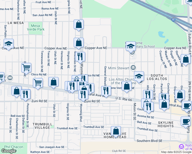map of restaurants, bars, coffee shops, grocery stores, and more near 150 General Bradley Street Northeast in Albuquerque