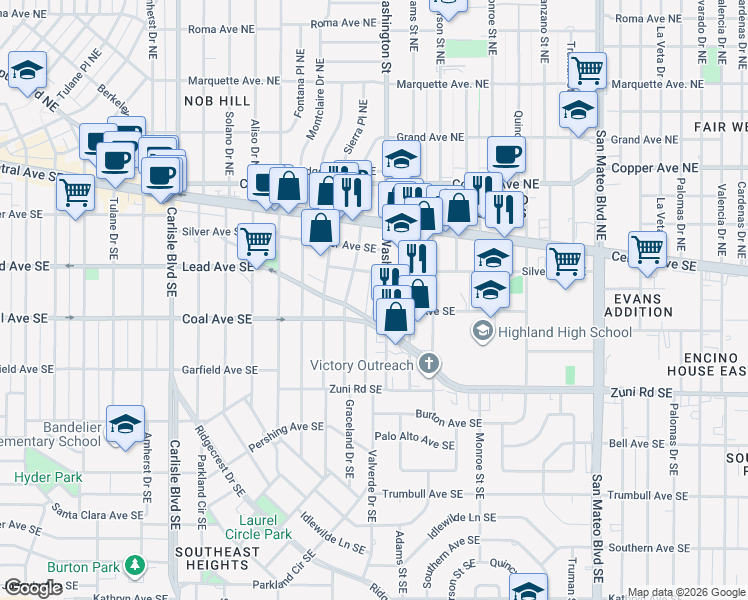 map of restaurants, bars, coffee shops, grocery stores, and more near 332 Valverde Drive Southeast in Albuquerque