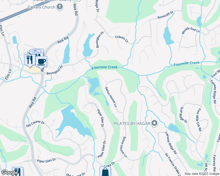 map of restaurants, bars, coffee shops, grocery stores, and more near 6408 Seton House Lane in Charlotte