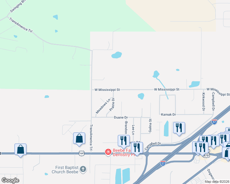 map of restaurants, bars, coffee shops, grocery stores, and more near 115 Prairie Drive in Beebe