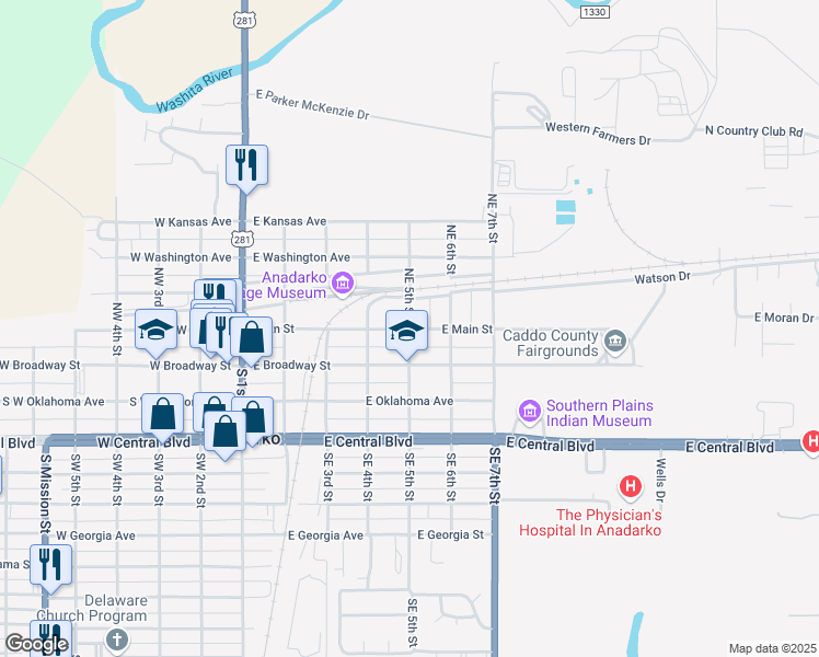 map of restaurants, bars, coffee shops, grocery stores, and more near 107 Northeast 5th Street in Anadarko