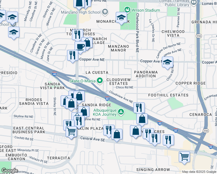 map of restaurants, bars, coffee shops, grocery stores, and more near 404 Zena Lona Street Northeast in Albuquerque