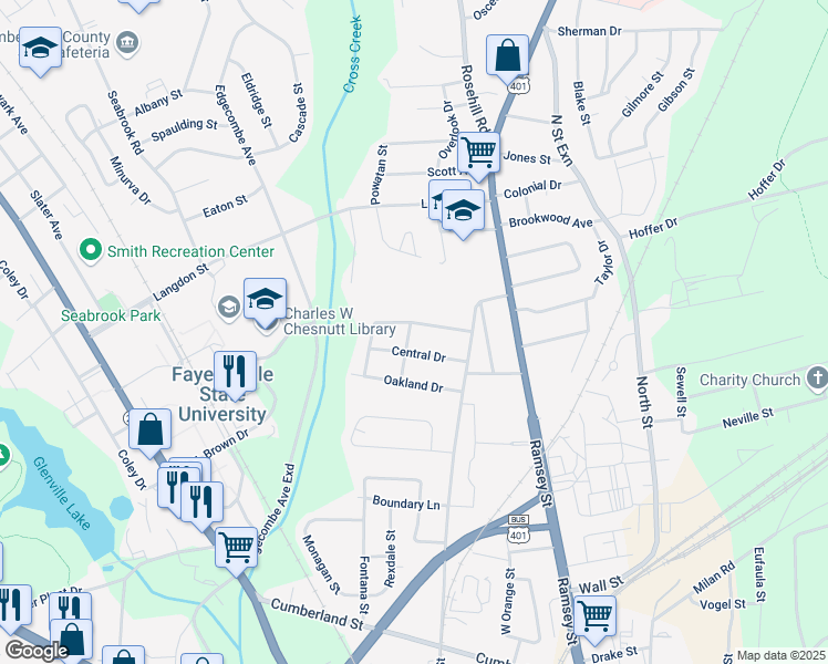 map of restaurants, bars, coffee shops, grocery stores, and more near 221 Hawthorne Road in Fayetteville
