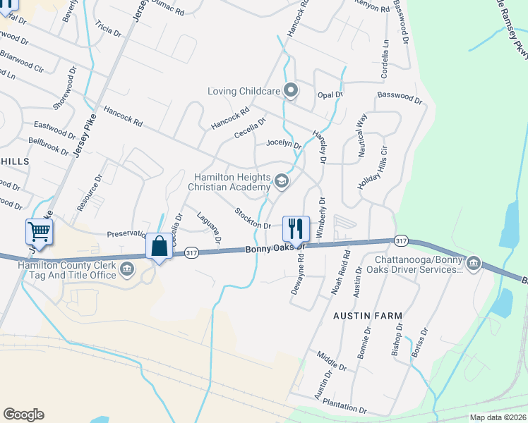 map of restaurants, bars, coffee shops, grocery stores, and more near 7713 Canyon Drive in Chattanooga