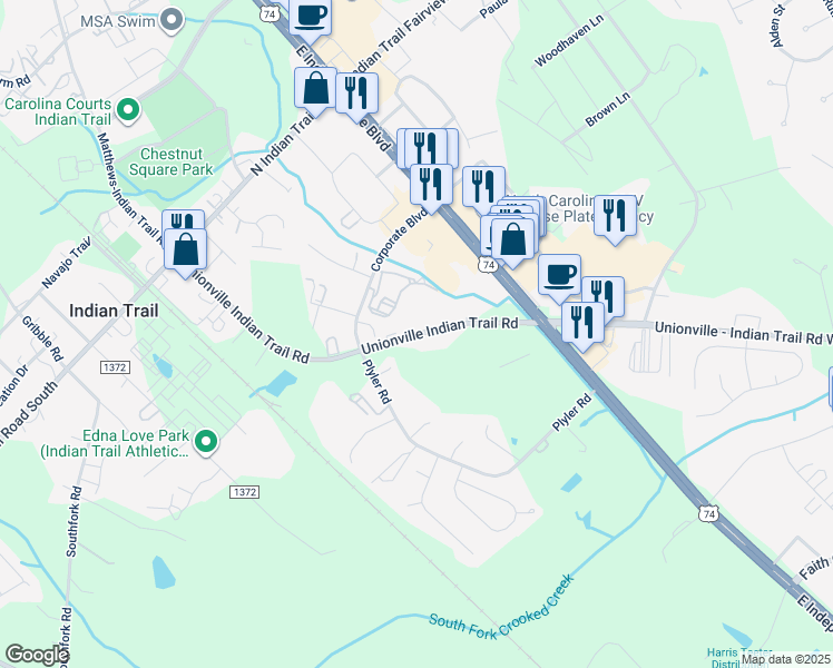 map of restaurants, bars, coffee shops, grocery stores, and more near Unionville Indian Trail Road in Indian Trail
