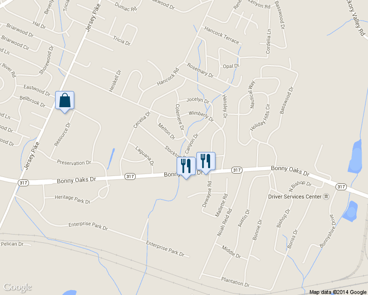 map of restaurants, bars, coffee shops, grocery stores, and more near 7713 Canyon Drive in Chattanooga